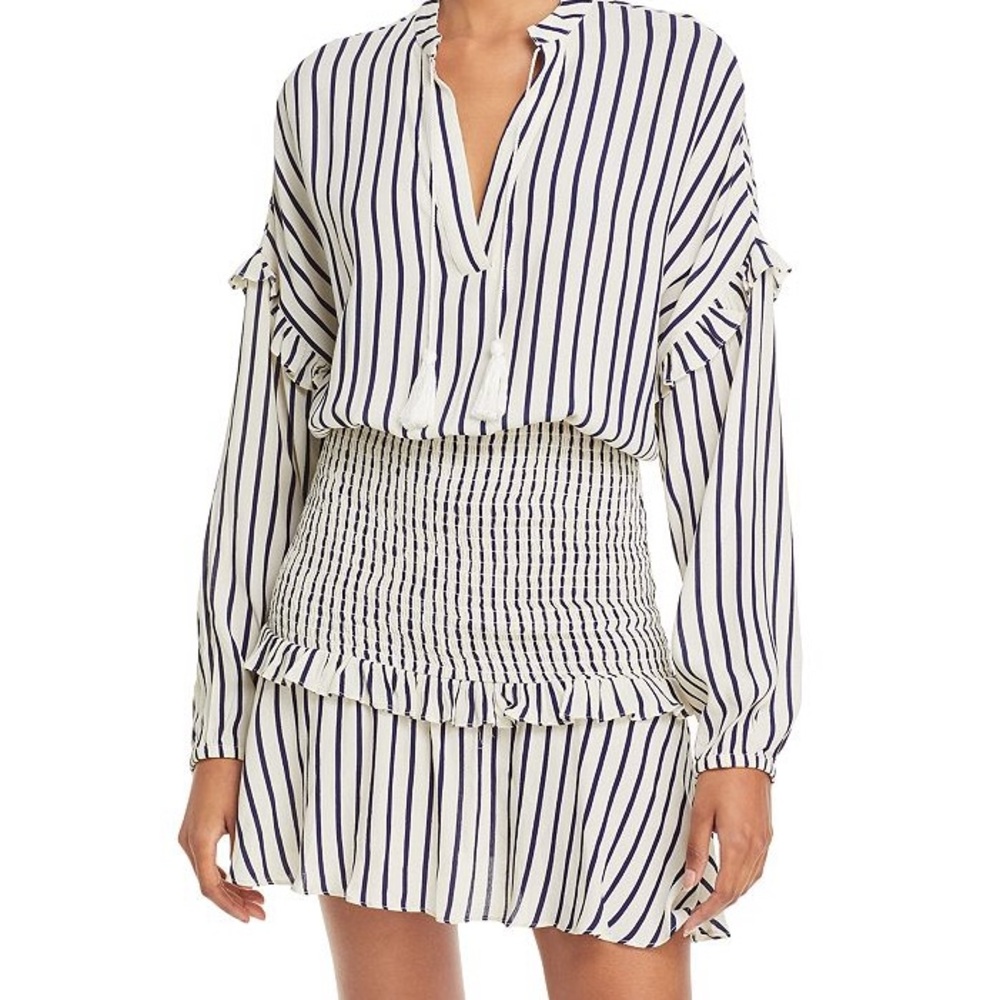 Aqua Bloomingdale’s navy and white striped long sleeve mini dress